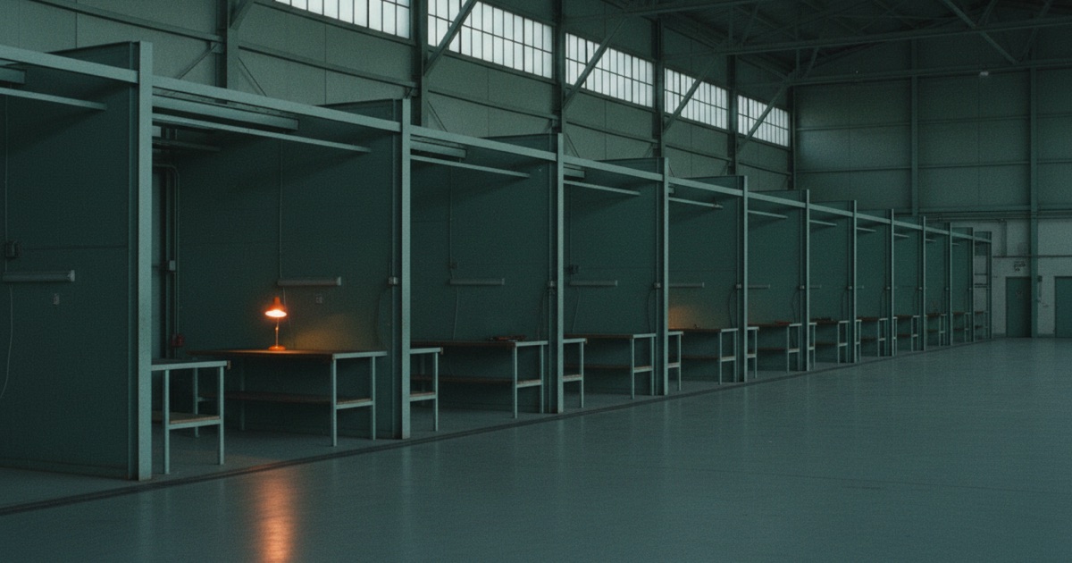 Separate work bays in a teal hangar, with an orange light at the first station.