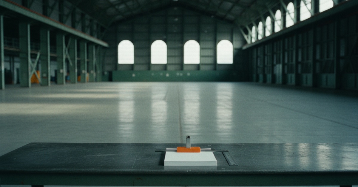 A white sheet held by an orange clamp on a steel workbench in a teal hangar.