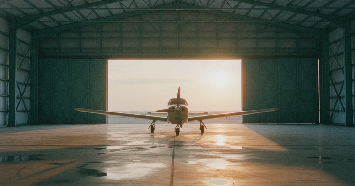 A single-engine training aircraft with no markings parked at the open door of a hangar at dawn.